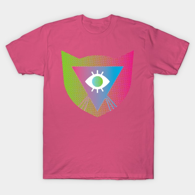 Rainbow Laser Cat Whiskers Evil Eye LGBTQIA2S+ Pink Green Triangle Shield Protection Optical Illusion Illuminati Y2K Graphic Design T-Shirt by TriangleWorship